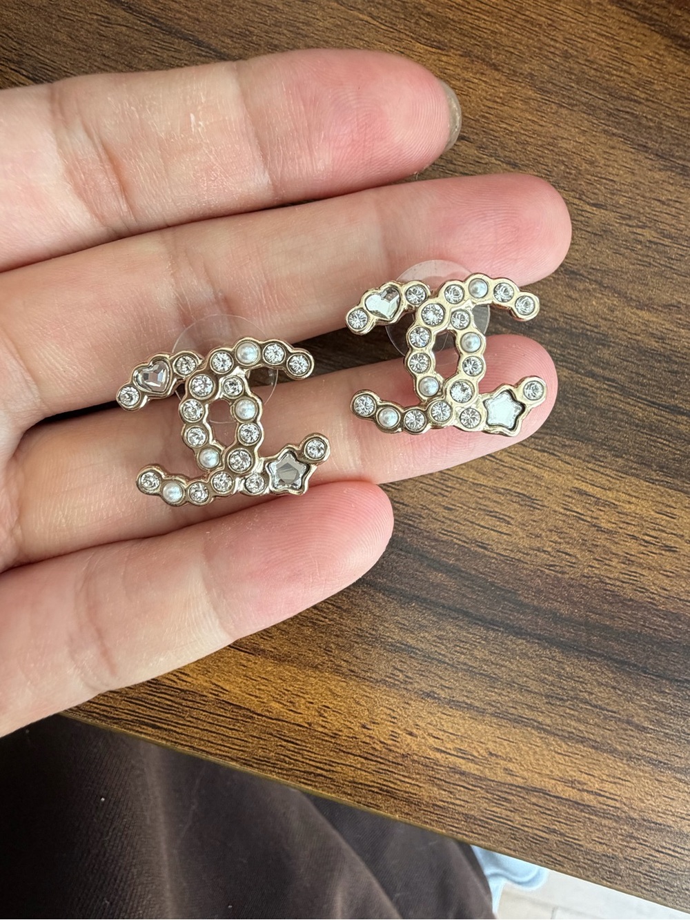 Authentic CHANEL Crystal-Embellished Double C Logo Earrings in Light Gold Tone